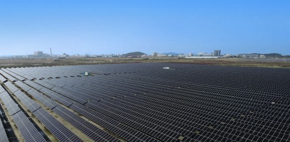 Aerial view of the large-scale solar power complex in Saemangeum