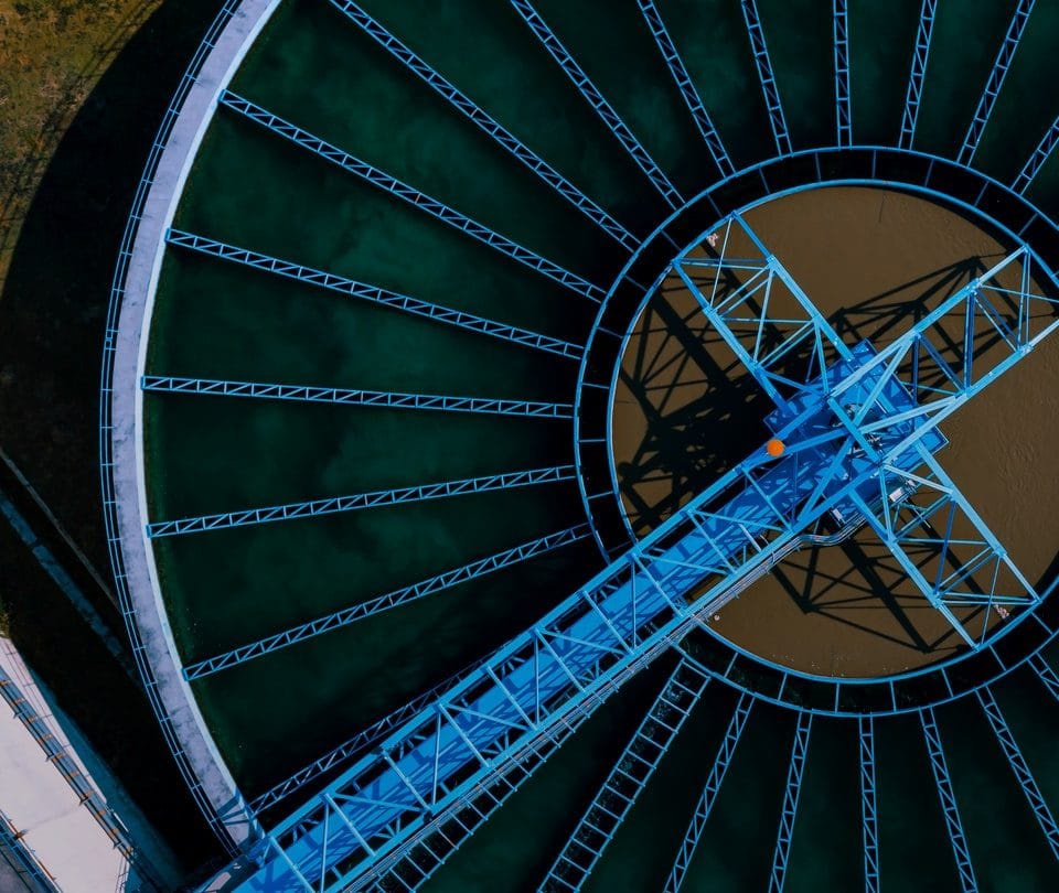 Circular sedimentation basins at a sewage treatment facility