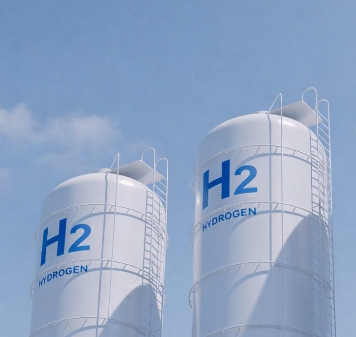A hydrogen storage tank marked with H2