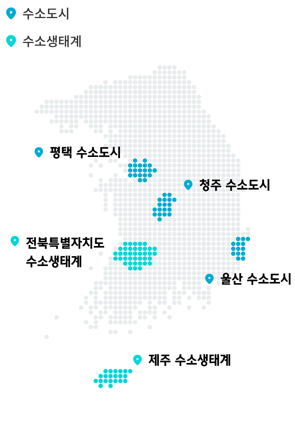 평택·청주·울산 수소도시와 전북특별자치도·제주 수소생태계 위치를 표시한 대한민국 지도
