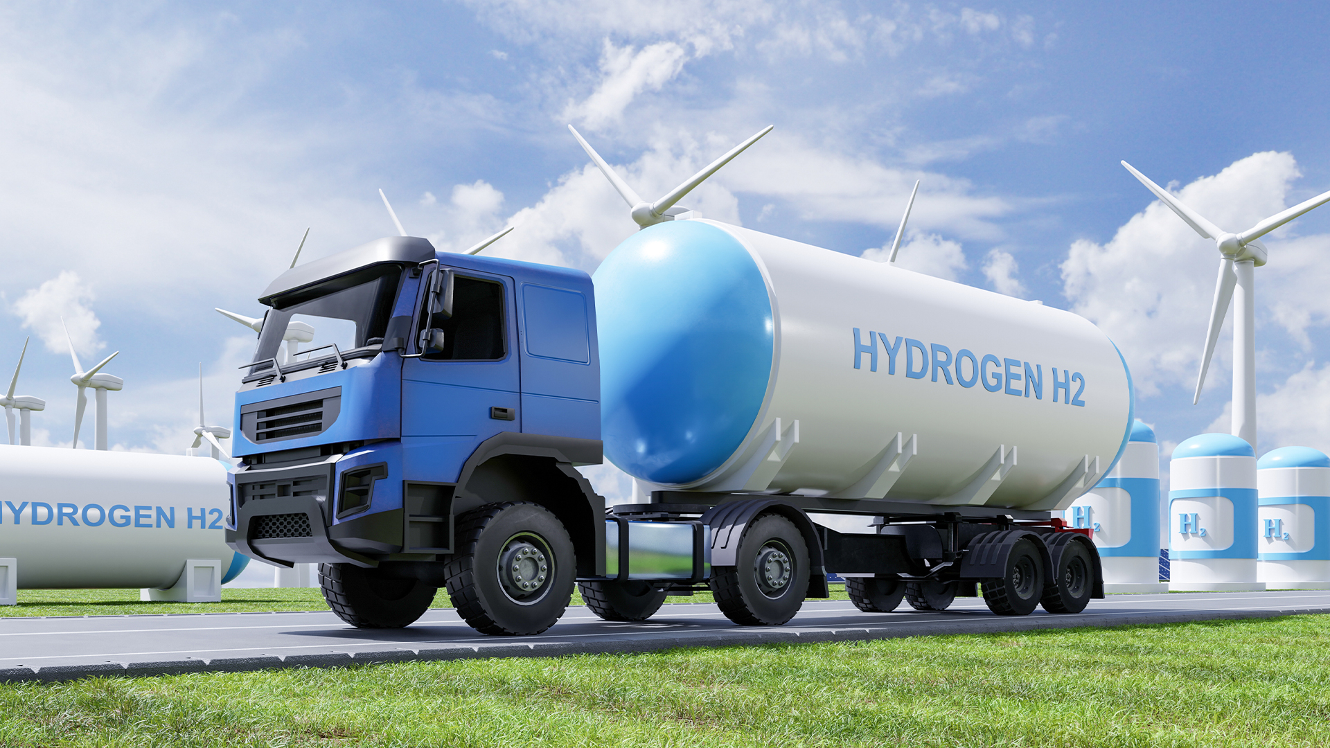 Hydrogen trucks and wind power generators Image