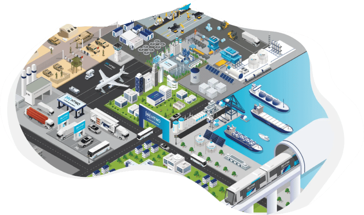 HTWO 솔루션으로 일상과 산업이 연결된 수소 생태계 일러스트레이션